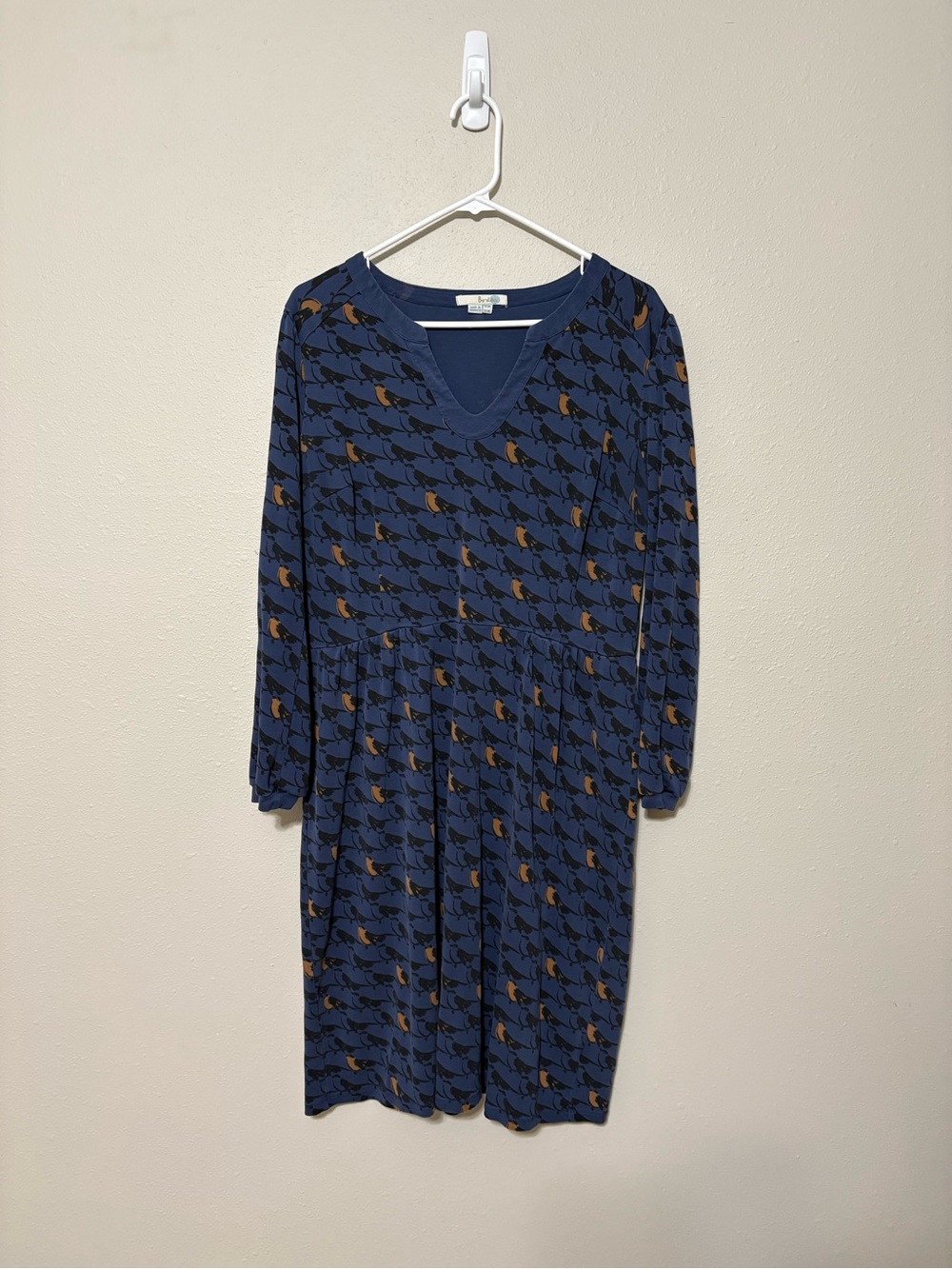 Boden Blue Bird-Print A-Line Skirt with Mustard Accents